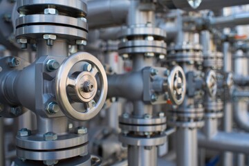 Industrial valves and gauges in a complex pipeline system with metallic hardware