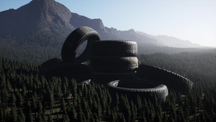 A striking pile of worn tires rests in a tranquil forest clearing. Majestic mountains rise in the background, catching the soft light of dawn as trees surround the unusual structure. © icetray