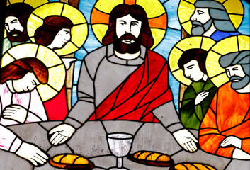 My Tho cathedral.  Stained glass.  Passion of Christ. The last supper. Jesus and his apostles. My Tho. Vietnam.