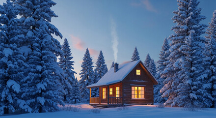 Cozy Wooden Cabin in Snowy Pine Forest at Twilight