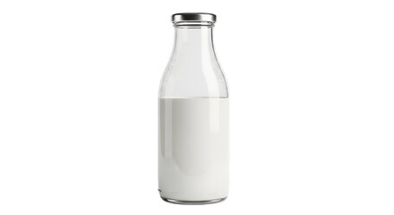 Glass milk bottle with silver cap, containing fresh dairy product isolated on transparent background, symbolizing health and nutrition