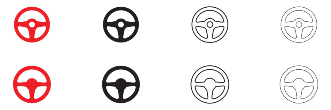 Steering wheel icon set, Automobile steer wheel, car steering vector, silhouette and line art illustration