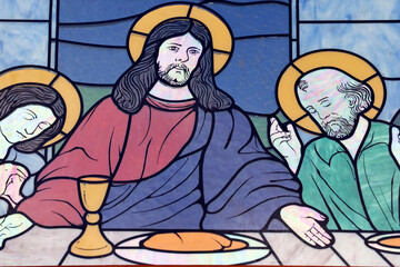 An Hoi catholic church.  Stained glass.  Passion of Christ. The last supper. Jesus and his apostles. Can Tho. Vietnam.