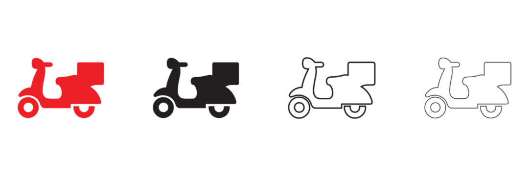 delivery scooter vector icon set, delivery scooter, two wheeler vector, silhouette and line art illustration