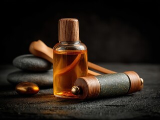 Amber Glass Bottle Of CBD Oil With Jade Roller Natural Wellness