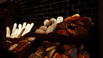 Warm and inviting bakery filled with a selection of artisanal bread. Baskets showcase a variety of textures and colors, inviting customers to enjoy fresh, baked goods.
