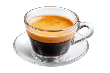 A clear glass cup filled with dark espresso coffee and a rich crema, isolated on transparent background