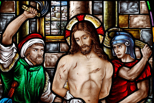 St Anthony of Padua Church.  Stained glass.  The Flagellation of Jesus, sometimes known as Jesus at the Column. Christ in his passion. Vung Tau. Vietnam.
