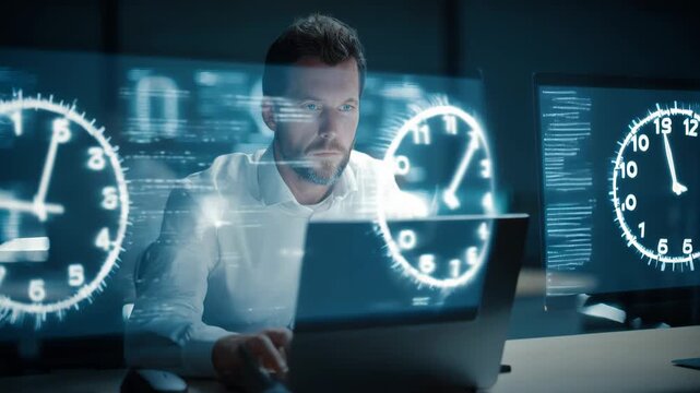Office manager analyzing realtime payroll data via AI automation tools highlighting timesaving processes during routine financial tasks.
