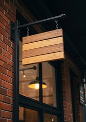 A blank rustic wooden sign mockup hanging on a modern brick building storefront for a logo