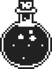Fototapeta premium Pixel art round potion bottle with cork stopper, retro gaming item black and white 8 bit fantasy magic elixir icon