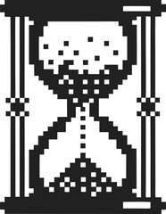 Fototapeta premium Pixel art hourglass with sand flowing, retro black and white timer symbol, time passing countdown icon