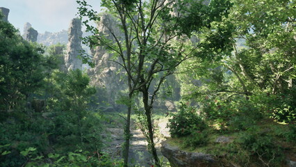 Sunlight filters through a canopy of greenery, illuminating the forest. Towering rock formations rise majestically, surrounded by rich foliage and vibrant plants. Nature thrives.