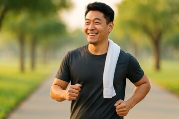 Fototapeta premium Asian man enjoying a morning walk in a park