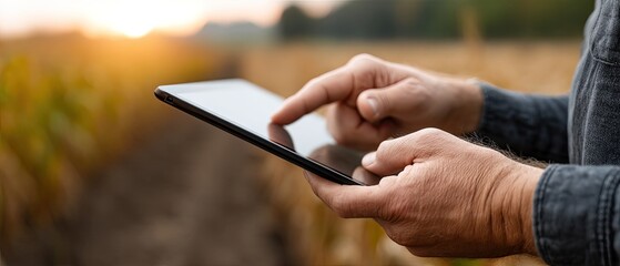 A farmer examines data on a tablet while standing among tall crops, assessing growth and agricultural techniques outdoors