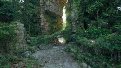 In a tranquil forest setting, a rocky gap reveals a bright light. Lush greenery and vibrant plants surround the area, while a fallen tree rests across a small stream. Peace and beauty thrive.