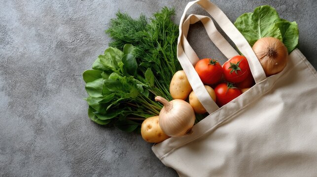 Fresh veggies like leafy greens, garlic, and potatoes are neatly packed in a reusable bag, promoting healthy living