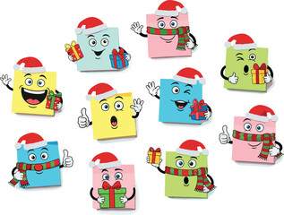 Fototapeta premium Cute christmas gift boxes with santa hats and happy faces