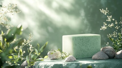 Green product display, nature backdrop, sunlight, cosmetic presentation
