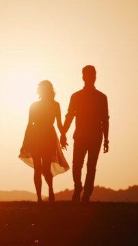 Silhouette of Loving Couple Walking Toward Camera at Sunset. Vertical Video