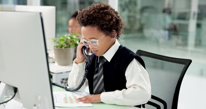 Business, phone call and kid with stress, documents and financial agency with bankruptcy. Child, investor and employee in office, telephone and paperwork with anxiety, pressure and deadline for audit - Powered by Adobe