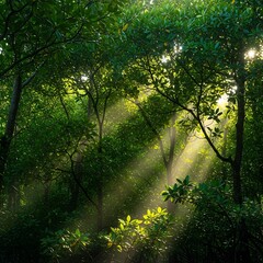 Obraz premium Sunlit Forest Canopy - A Serene Woodland Scene.