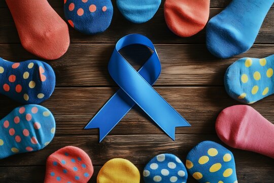 3d illustration of down syndrome awareness concept with blue ribbon and colorful socks with polka dots on wooden table