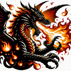 Illustration of a fierce dragon breathing fire