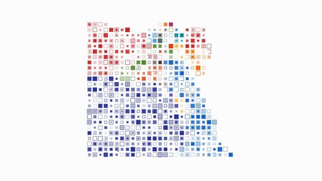 Egypt map animation. Shape of the country with pulsating colored dots. Large size square blocks. Digital style Egypt map on white background. Abstract video.