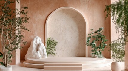 Minimalist beige podium display with plants, ideal for product presentation