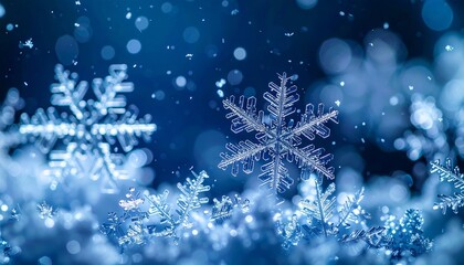 Fototapeta premium Macro Snowflakes on a Blue Winter Background.