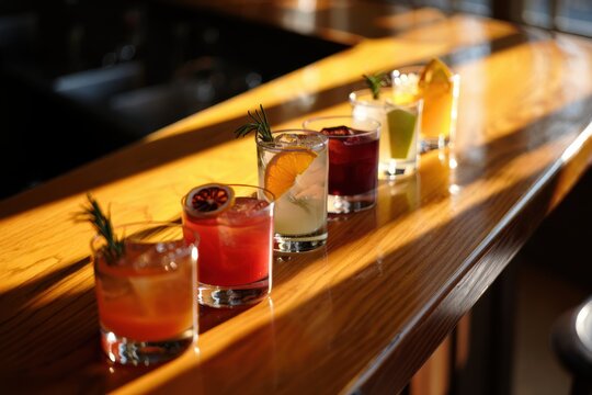 Row of colorful shots lined along a sunny bar counter