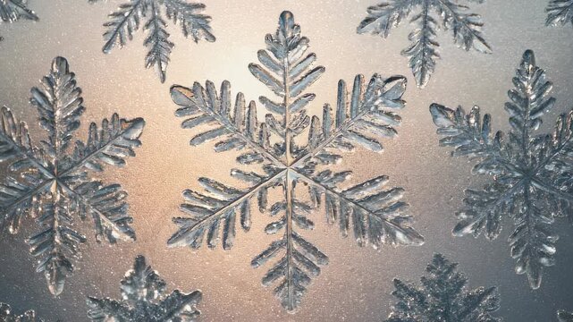Intricate frosted crystals on glass, with focus on a detailed, central snowflake