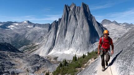 Fototapeta premium Man mountaineering rock climbing in bugaboo provincial park