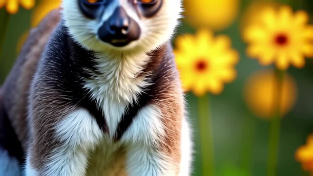 Close-up of a ring-tailed lemur surrounded by yellow flowers.