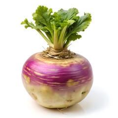 Fresh Turnip Vegetable with Green Leaves on White Background