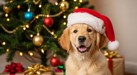Adorable Holiday Portrait of Golden Retriever Puppy with Lights