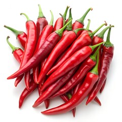 Group of Red Chili Peppers with Green Stems on White