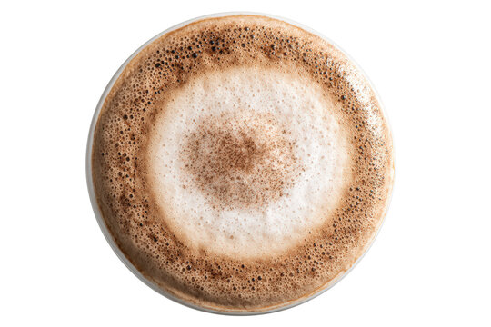 Topdown perspective of a creamy latte with cocoa powder sprinkled on foam isolated on transparent background