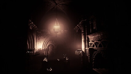 In a dark room illuminated by flickering candlelight, intricate stone walls rise towards a high ceiling. Shadows dance, creating an eerie and enchanting atmosphere of ancient history.