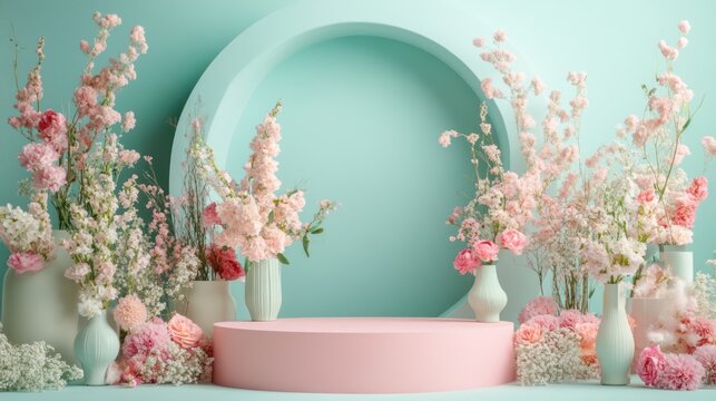 Pastel floral display podium, spring aesthetic, empty stage