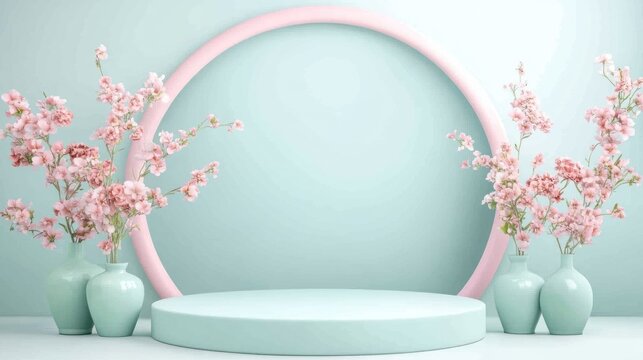 Pastel product display with cherry blossoms