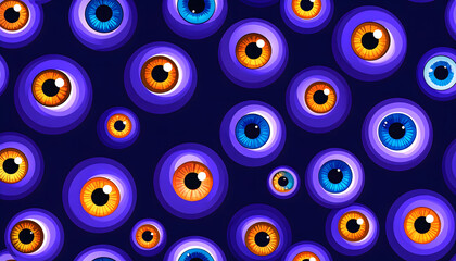 Eye-catching pattern of cartoon eyes in blue, orange, and purple hues.