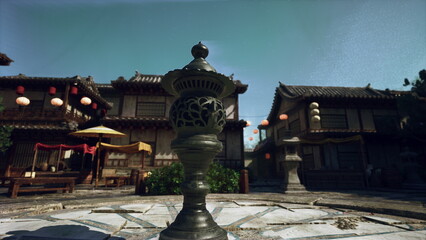In a serene courtyard, ornate lanterns hang over traditional wooden buildings. A delicate centerpiece stands on a stone pathway, surrounded by lush greenery and warm sunshine.