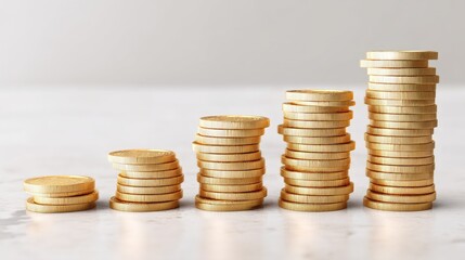 Stacks of Golden Coins Displaying Gradual Increase in Value on a Smooth Surface with Soft Lighting