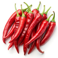 Cluster of Red Chili Peppers with Green Stems on White
