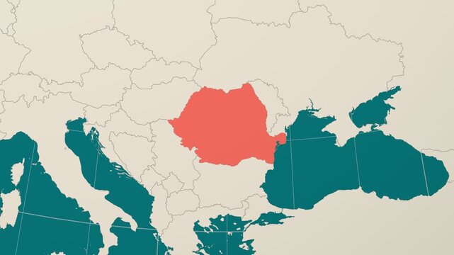 Romania map. Animated zoom into the country on the Globe in Teal Pale Mint color palette. Country logo animation. Map with meridians, parallels. Alive video.