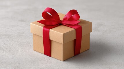 Obraz premium Small brown gift box with red ribbon and bow on a light gray background for festive celebrations and special occasions