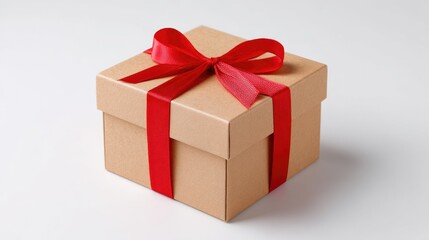 Obraz premium Brown gift box with red ribbon bow on neutral background perfect for celebrations and special occasions