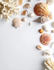 Obraz premium Seashells and coral on white background